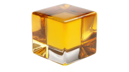 Glass cube filled with golden liquid illustrating abstract geometry and liquid material science with transparent background