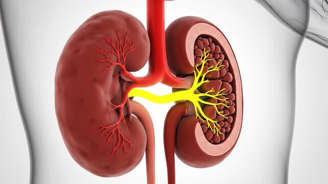 Neon Kidney Visualization: Filtration Flow Through Anatomical Structure Internal Organs with Arterial Supply Red and