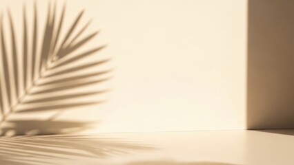 Palm leaf shadow on beige wall and floor