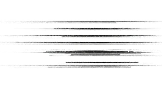Monochrome abstract background with precise horizontal black lines of varied thickness and density, overlaid with fine granular texture and speckles, creating a deliberate distressed static glitch - Powered by Adobe