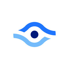 Obraz premium Stylized blue eye icon with wavy lines and a central dark blue pupil on a white background.