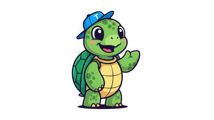 Obraz premium Happy cartoon turtle wearing blue baseball cap waving enthusiastically