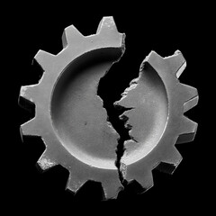 Black and White Silhouette of a Shattered Metal Cogwheel Representing Systemic Breakdown