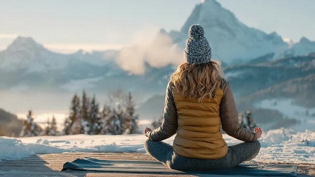 Blonde woman in beanie puffer jacket doing yoga pose on snow mat, majestic mountains sunrise backdrop