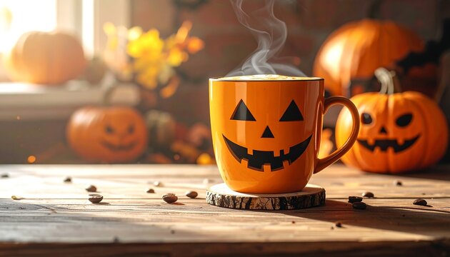Steaming jack-o'-lantern mug, pumpkins, fall decor. Cozy autumnal mood with warm light