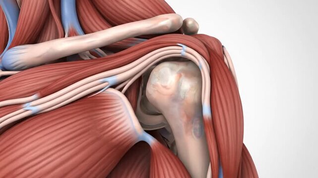 Shoulder Rotator Cuff Cross Section Highlighting Layered Tendons Anatomical Medical Illustration on White Background