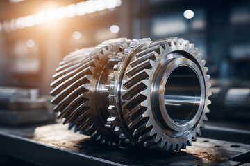 Large Steel Gears and Mechanical Components on a Factory Workbench with Industrial Bokeh