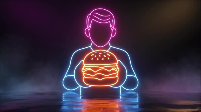 Neon Sign of Man Holding a Huge Burger Against Dark Smokey Background