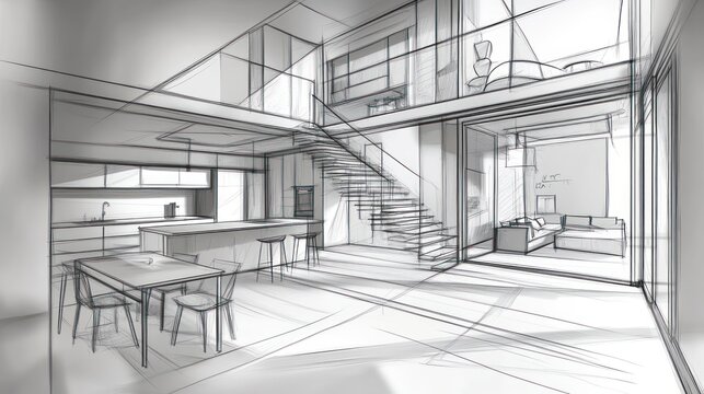 Interior design sketch; living and dining room with modern staircase, bright space