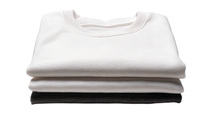 Stack of folded sweatshirts in white, light gray, and charcoal colors, clean apparel on transparent background