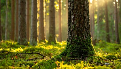 Sunlit Forest Floor with Moss-Covered Tree Trunk and Golden Light