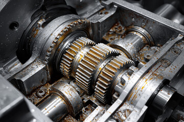 Detailed Internal View of Oily Transmission Gears showing Lubrication and Friction Reduction
