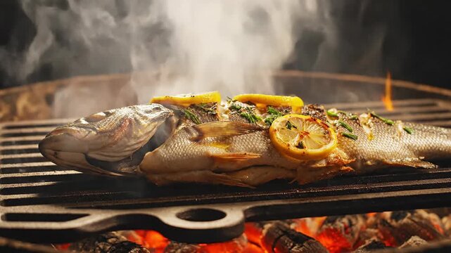 Grilled whole fish with lemon slices on a barbecue grate