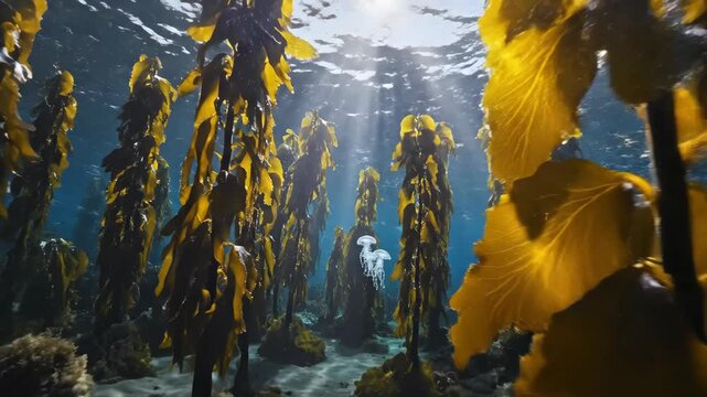 Underwater kelp forest with sunlight streaming through the water, beautiful ocean scene.