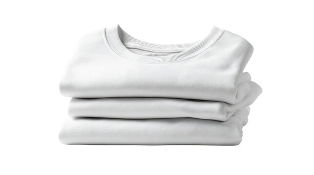 Stack of three clean white folded t-shirts, presenting a blank canvas for design or branding, on a transparent background