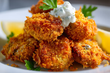 Fototapeta premium Close-Up of Five Golden Fried Fish Fillets on a White Plate with Lemon and Sauce Garnish