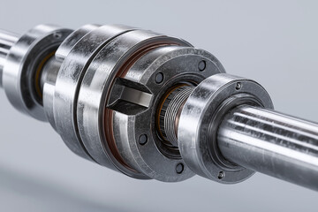 Detailed view of an industrial drive shaft assembly with bearings and couplings for mechanical power transmission systems.