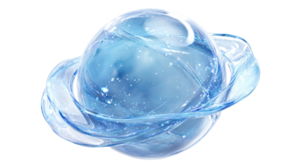 Abstract blue water sphere with flowing liquid rings, representing clean energy, global environment, and technology concept on transparent background
