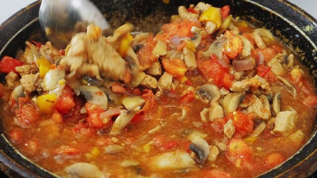 In a deep cast iron skillet, vegetables and meat are stewed in sauce and spices