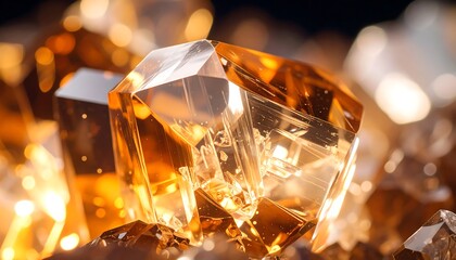 Macro photograph of a faceted golden yellow crystal glowing with warm, ambient light.