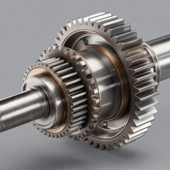 Mechanical gear system on a rotating steel shaft, detailed engineering component for power transmission and machinery.