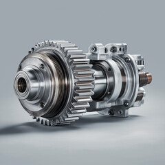 Detailed industrial mechanical gear assembly with heavy-duty metal components, bolts, and precision cogs on grey background.