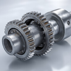 Industrial gear mechanism with dual cogs and metallic shaft showing signs of surface wear and slight oxidation.