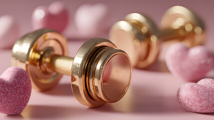 Valentine&rsquo;s Day Fitness Concept with Golden Dumbbells and Heart Decorations on Pink Background with Copy Space, Perfect for Health and Romance Themes