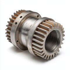 Single industrial double-gear component with dual cog teeth and internal threading, isolated on white background.