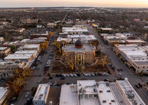 Aerial view of Christmas lights surround the Williamson County Courthouse in downtown Georgetown in Texas in late December 2025