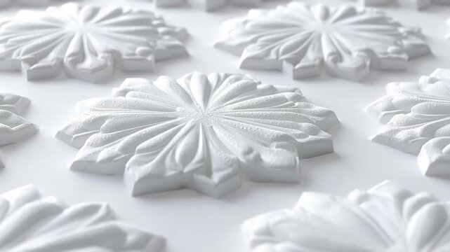 White 3D snowflake patterns arranged on flat surface, Christmas winter holiday decoration texture detail