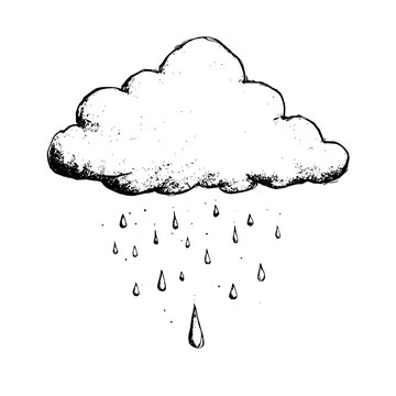 Black and white drawing of rain cloud with raindrops vector illustration weather forecast design element