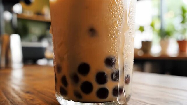 Refreshing iced beverage with boba pearls in glass
