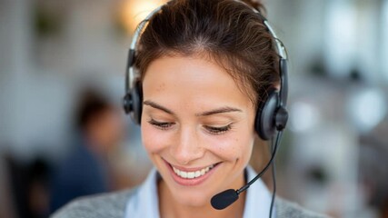 Smiling brunette woman wearing headset in office environment, professional customer support service portrait - Powered by Adobe