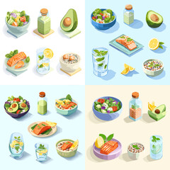 Isometric watercolor fresh salad bowls smoothies and healthy drinks, vibrant hand painted food illustrations isolated on white background for wellness lifestyle nutrition and menu design