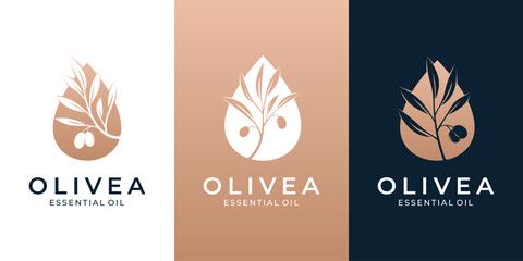 Minimalist olive essential oil logo natural leaf and olive fruit icon