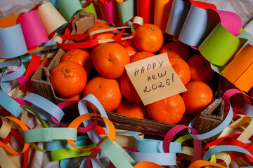 Box with fresh tangerines, festive colorful garlands and sticky note with phrase Happy new 2026. Message with handwritten congratulations and celebration mood of winter holidays