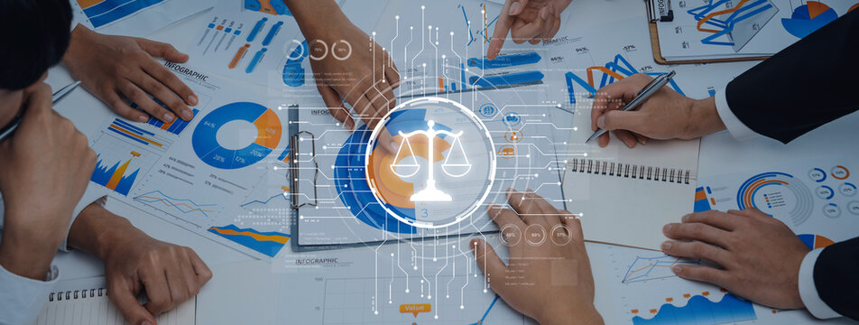 A business team collaborates on financial analysis, showcasing charts and graphs while integrating digital justice symbols that represent fair decision-making. Trope