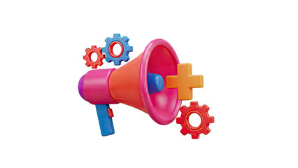3D Megaphone with Gears and Plus Symbol