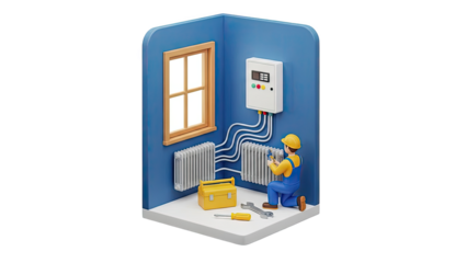 3D Isometric Illustration of a Plumber Working on Radiators