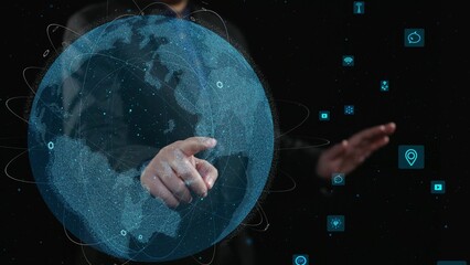 Explore the innovative concept of global communication with an interactive digital earth, showcasing future connectivity and modern technology solutions for businesses. Cipher