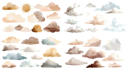 Watercolor cloud shapes in soft pastel sky colors, dreamy hand painted illustrations isolated on white background, perfect for weather design kids decor and whimsical backgrounds