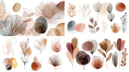 Soft watercolor botanical elements with abstract leaves flowers and organic shapes in warm earthy tones, elegant nature inspired illustrations isolated on white background for boho design