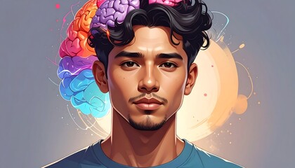 Digital illustration of a man with a vibrant, segmented brain, symbolizing mind, intelligence, and creativity.