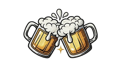 Detailed embroidered patch design of two golden beer mugs clinking with white foam