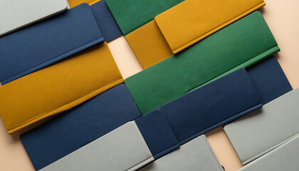 Assorted colored paper sheets arranged in a layered pattern on a flat surface viewed from directly above.