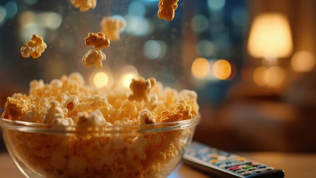 Bowl overflowing popcorn kernels flying near TV remote lamp glow, cozy movie night cinema snack time