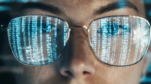 Asian woman glasses reflecting green code matrix, tech programmer cybersecurity digital future portrait