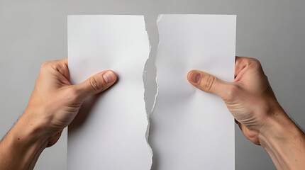Hands Tearing Blank White Paper Apart on Gray Background.
