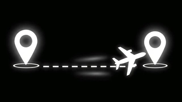 Airplane Flying Between Two Map Location Pins on Dotted Line Path, Travel and Logistics Concept Animation on Black Background